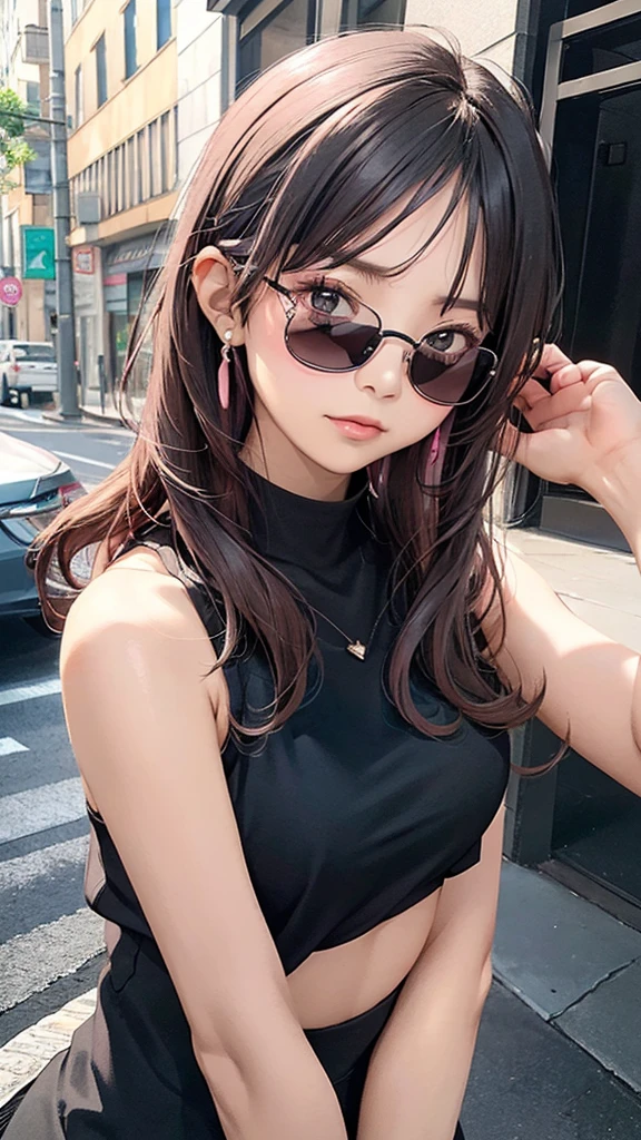  The image shows a woman in a black and pink sleeveless top, with her hands on her hips and sunglasses on her head.