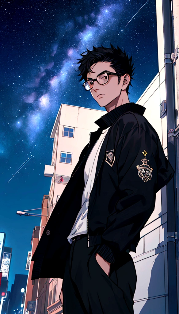 masterpiece、Adult male in his 30s、Twink、30 years old、Black Hair、Black jacket、Black trousers、White T-shirt、Very handsome、Glasses、In the city、Starry Sky、Mysterious Light、Dramatic Light、The power of film