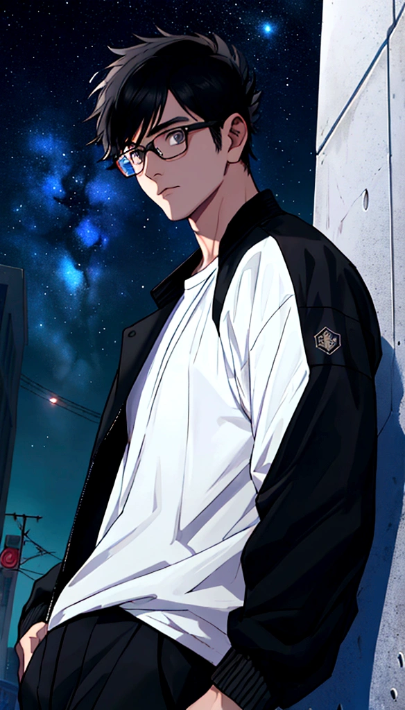 masterpiece、Adult male in his 30s、Twink、30 years old、Black Hair、Black jacket、Black trousers、White T-shirt、Very handsome、Glasses、In the city、Starry Sky、Mysterious Light、Dramatic Light、The power of film