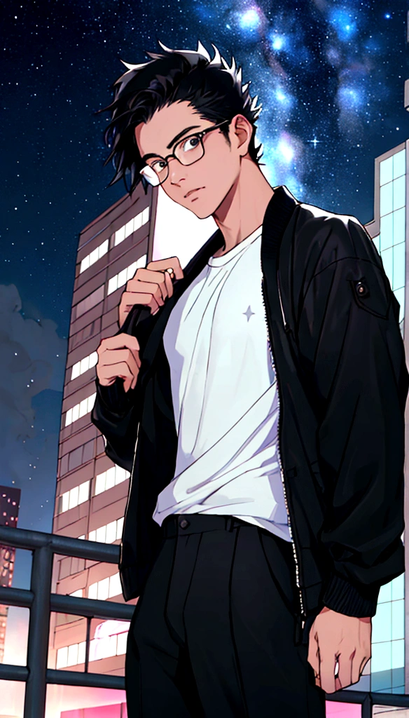 masterpiece、Adult male in his 30s、Twink、30 years old、Black Hair、Black jacket、Black trousers、White T-shirt、Very handsome、Glasses、In the city、Starry Sky、Mysterious Light、Dramatic Light、The power of film