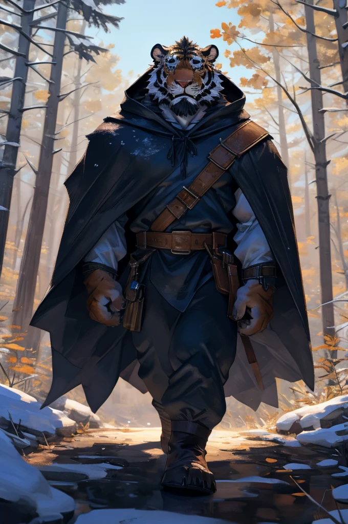 By Taran fiddler, solo, male, orange tiger man, dressed in a cloak and satchel, muscular, older male, wearing hood, cloak hiding face, eyes hidden by cloak hood, beard, walking towards viewer, smaller silhouette behind the tiger, forest background, snowy, establishing camera shot, character is far in the background, zoomed out, dynamic angles, dynamic posing.
