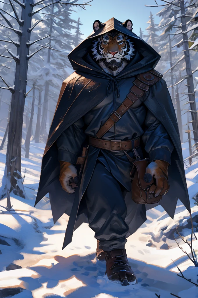 By Taran fiddler, solo, male, orange tiger man, dressed in a cloak and satchel, muscular, older male, wearing hood, cloak hiding face, eyes hidden by cloak hood, beard, walking towards viewer, smaller silhouette behind the tiger, forest background, snowy, establishing camera shot, character is far in the background, zoomed out, dynamic angles, dynamic posing.