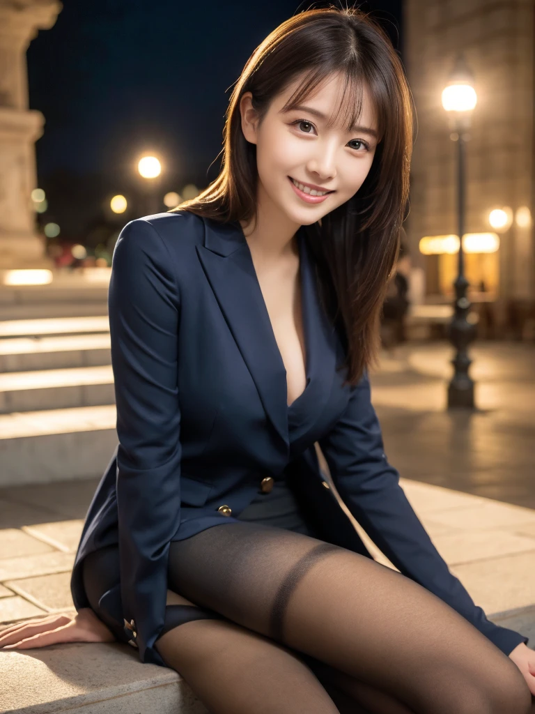 8k, (Raw photo:1.2), (Photorealsitic), Beautiful detailed, Famous popular actresses、 (Real: 1.4), extremely detailed eye and face, beatiful detailed eyes, ((Dazzling night illumination plaza:1.2)), ((Women's Suits:1.3, Ultra-realistic pantyhose:1.2))、selfee、Instagram、harsh trial, Please look at the camera and raise your hand、huge filesize, hight resolution, ighly detailed, top-quality, [​masterpiece:1.6], illustratio, ighly detailed, nsfw, finely detail, top-quality, 8k wallpaper, Cinematographic lighting, 1 milf, 19 year old, perfect body type, Beautiful big drooping eyes、Pieckfinger, ((masutepiece)), Best Quality, eye shadow,  high-heels、Portrait、(Very affectionate smile:1.2)、realistic skin textures、shinny skin、Exposed thighs, low angle photo,