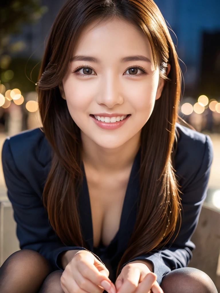 8k, (Raw photo:1.2), (Photorealsitic), Beautiful detailed, Famous popular actresses、 (Real: 1.4), extremely detailed eye and face, beatiful detailed eyes, ((Dazzling night illumination plaza:1.2)), ((Women's Suits:1.3, Ultra-realistic pantyhose:1.2))、selfee、Instagram、harsh trial, Please look at the camera and raise your hand、huge filesize, hight resolution, ighly detailed, top-quality, [​masterpiece:1.6], illustratio, ighly detailed, nsfw, finely detail, top-quality, 8k wallpaper, Cinematographic lighting, 1 milf, 19 year old, perfect body type, Beautiful big drooping eyes、Pieckfinger, ((masutepiece)), Best Quality, eye shadow,  high-heels、Portrait、(Very affectionate smile:1.2)、realistic skin textures、shinny skin、Exposed thighs, low angle photo,