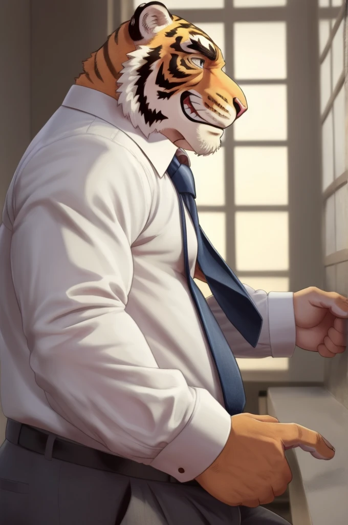Author: bontiage, (1 boy), One, tiger, big bulge crotch, boner, pants, long sleeve plain shirt, necktie, Men's Second, kemono, hot body, muscle, Beautiful, sexual, Attractive guy, (Detailed black eyes), brows, (masterpiece, A high resolution, Best quality), 4K, a male, Beautiful shadow, evil grin, (front side:1.5)