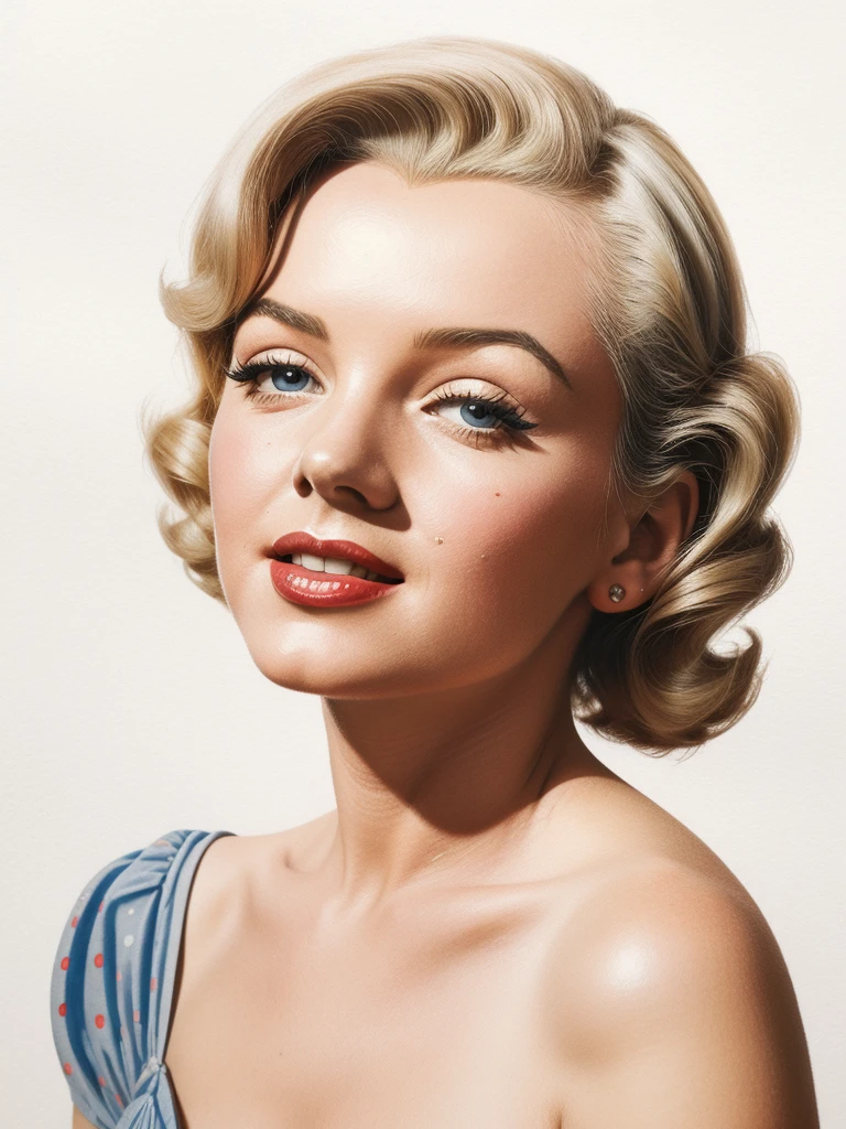minimalistic, 1950s watercolor, pen and ink, a 25-year-old Marilyn Monroe in retro fashion, pin-up style, close up, shot to the face
, Representation of rural life, light gray and light brown and red and white and blue, in the style of American classic, dappled, playful innocence, dotted white, white background cutout, in style of norman rockwell, work of art prime work.