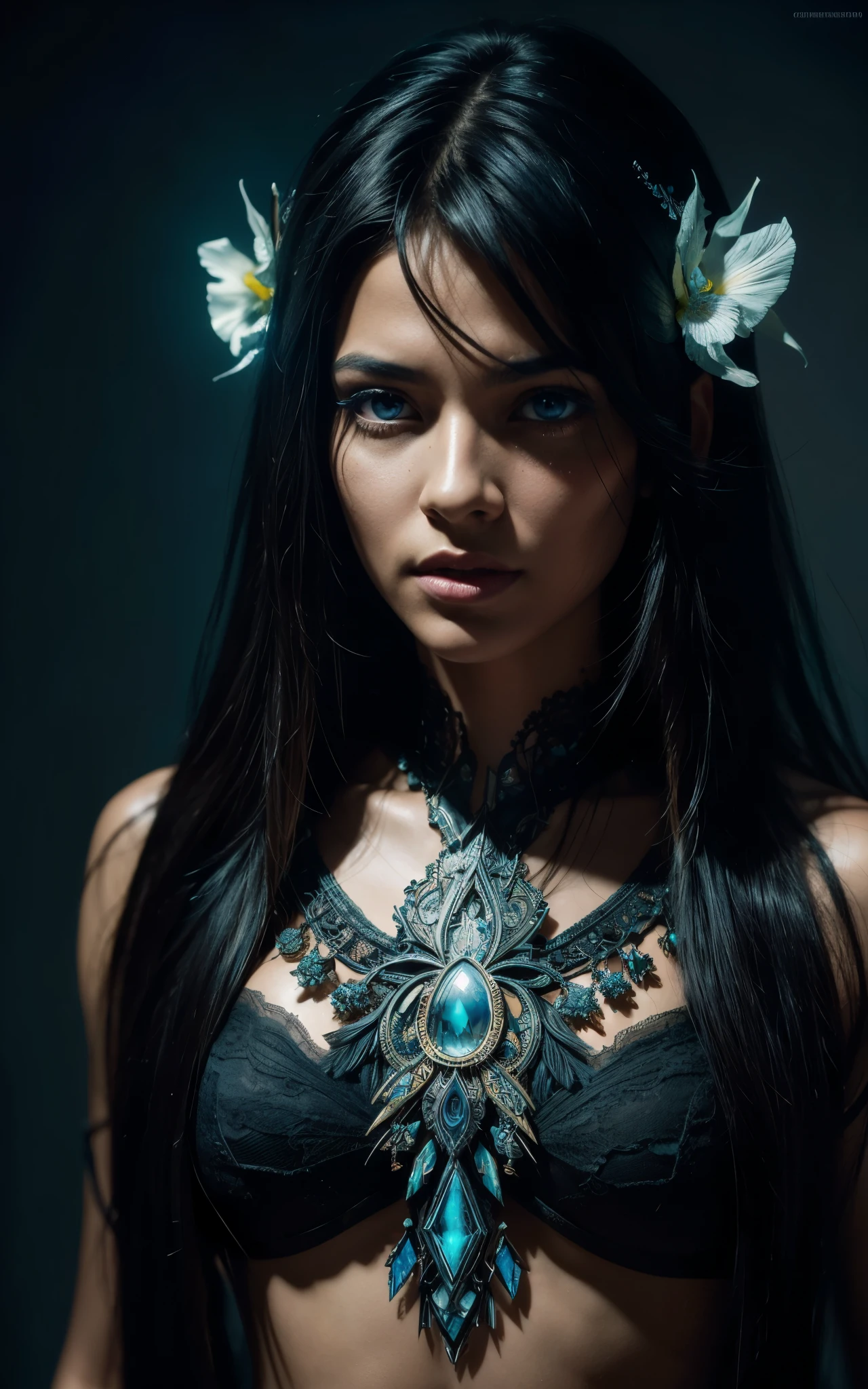 ultra-detailed artistic abstract beautiful indigenous woman with long black hair, magic with bioluminescent filigree, geometric photography, 32k fashion abstract poster, detailed symmetrical blue iris, natural body posture by artist russ mills, art by alberto seveso, by Carne Griffiths, by Wadim Kashin, symmetrical, abstract art style, sharp eyes, digital painting, burst of color, concept art , volumetric lighting, by GIlSam-paio octane rendering depicting innovation and truth, 8k, by Lee Jeffries, Alessio Albi, Adrian Kuipers, glamour, intricate detailed environment, lace, smudges , dark background, masterpiece, ornate, depth - studio Gs perfecty.