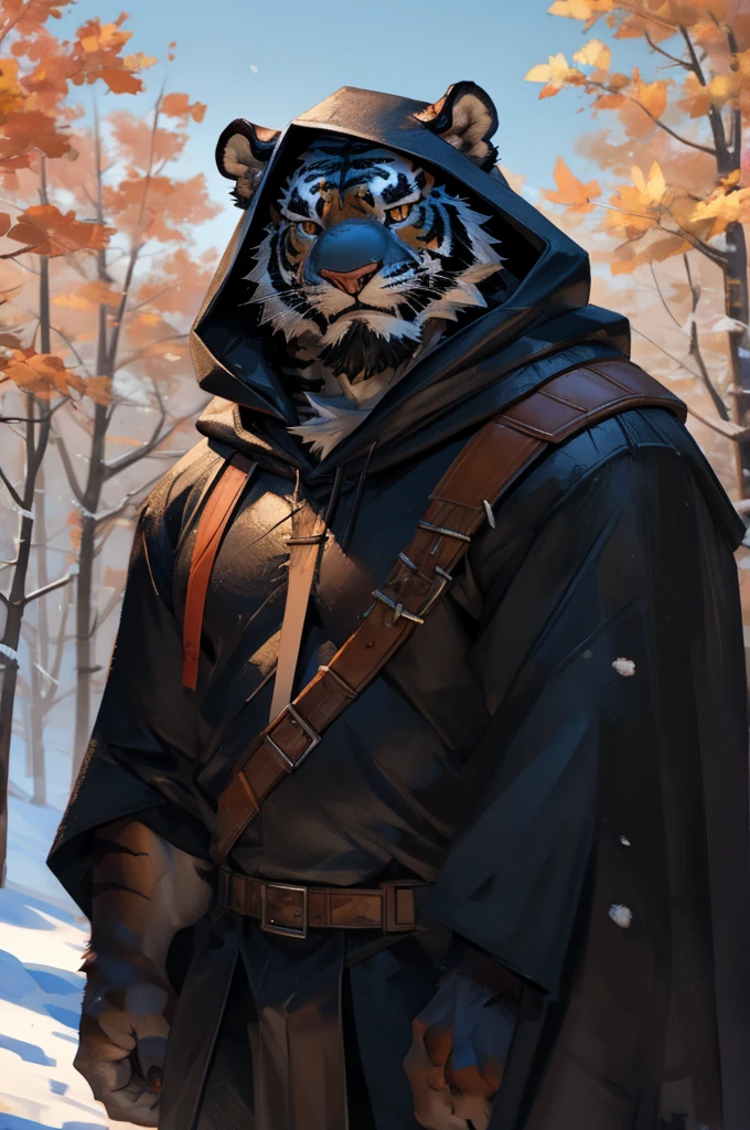 By Taran fiddler, solo, male, orange tiger man, dressed in a cloak and satchel, muscular, older male, wearing hood, cloak hiding face, eyes hidden by cloak hood, beard, walking towards viewer, smaller silhouette behind the tiger, forest background, snowy, establishing camera shot, character is far in the background, zoomed out, dynamic angles, dynamic posing.