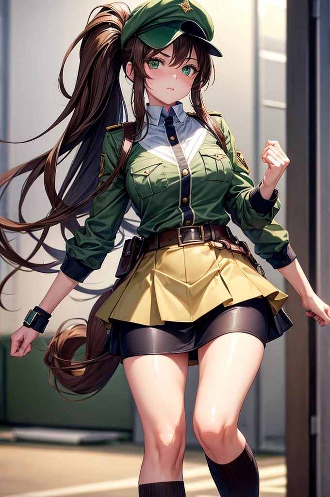 Brown hair woman, high ranking official clothes, wearing a cap, long hair, ponytail style, tight skirt, green eyes