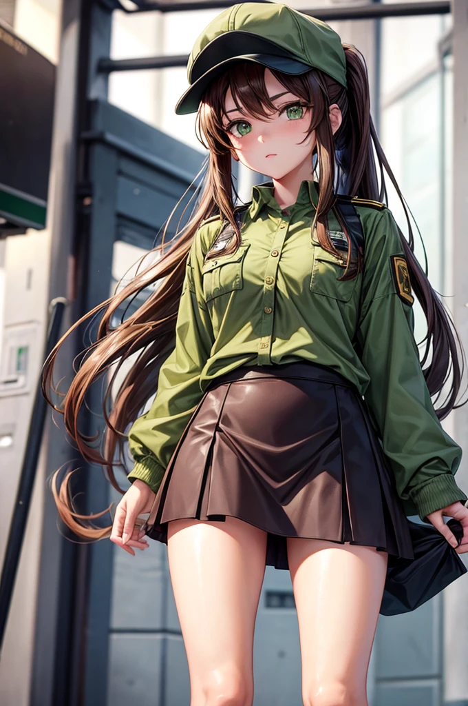 Brown hair woman, high ranking official clothes, wearing a cap, long hair, ponytail style, tight skirt, green eyes