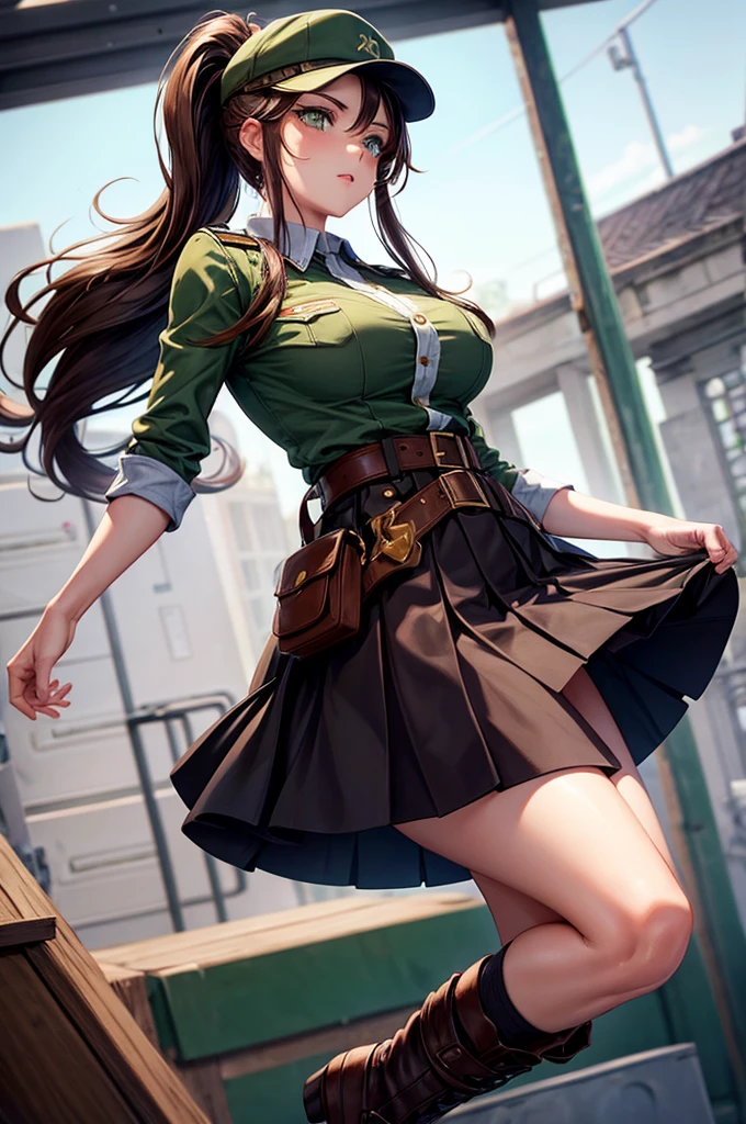 Brown hair woman, high ranking official clothes, wearing a cap, long hair, ponytail style, tight skirt, green eyes
