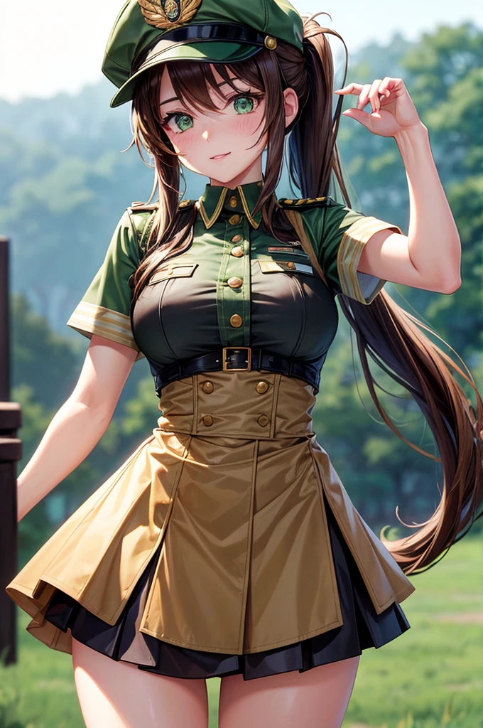Brown hair woman, high ranking official clothes, wearing a cap, long hair, ponytail style, tight skirt, green eyes