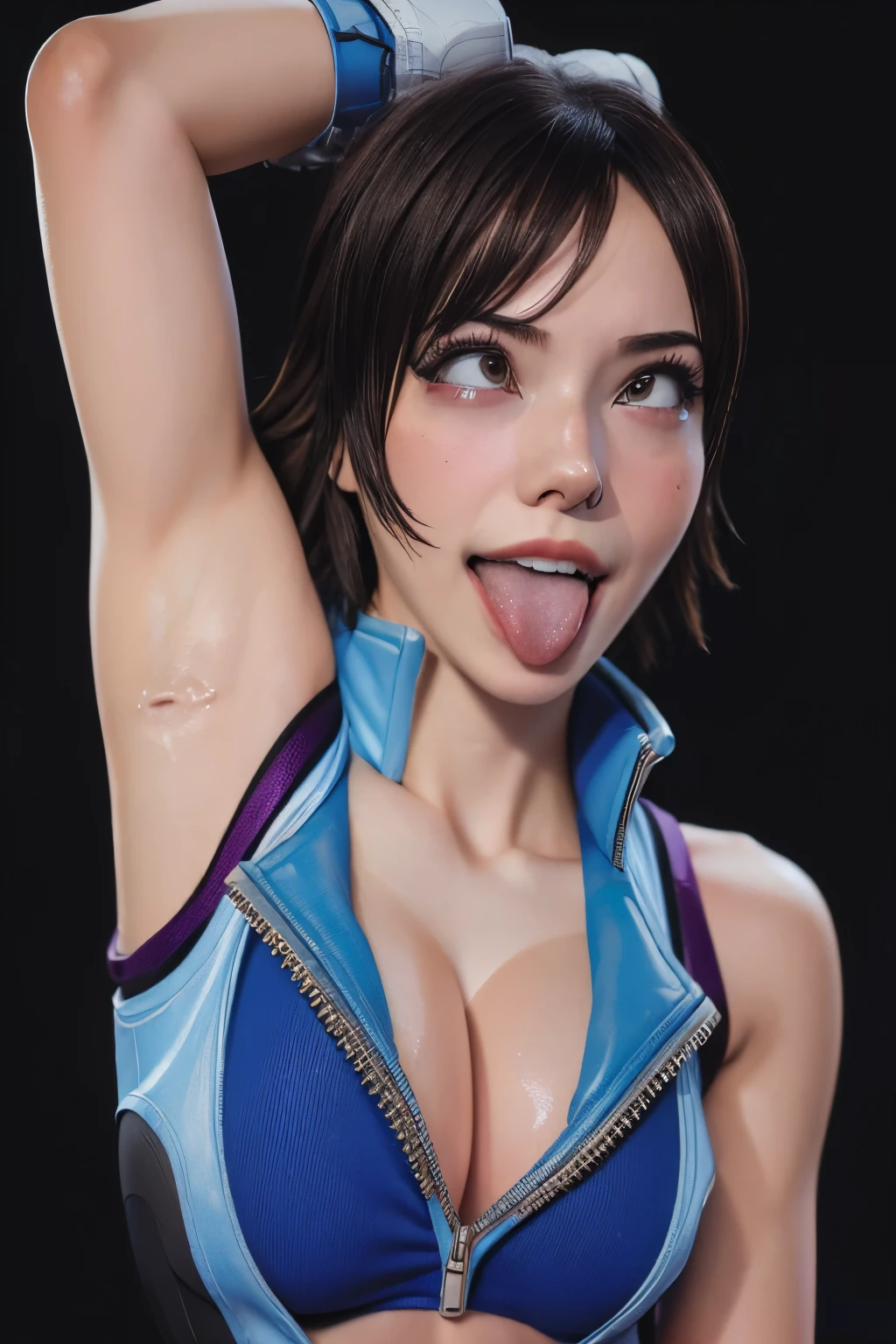 1girl, ((realistic)), ((photorealistic)),((high-res, masterpiece, best quality, cinema lighting)), masterpiece, best quality:1.2), upper body, solo, 1girl, smile, closed mouth, masterpiece, best quality, 4k, photograph, cinemtaic lighting, modelshoot, perfect lighting, perfect detailed face, professional photoshoot, smile,(((medium breasts))),((((asuka kazama)))),(((beautiful))), sleeveless, realistic, japanese female, arms up, armpits, armpits visible, sweaty armpits,muscular body,sweat,sweaty,sweaty armpits