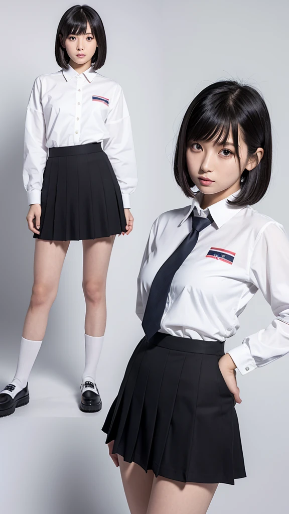 Japanese, girl, Japanese high , uniform transparent to reveal nipples, skirt, black hair, bob cut