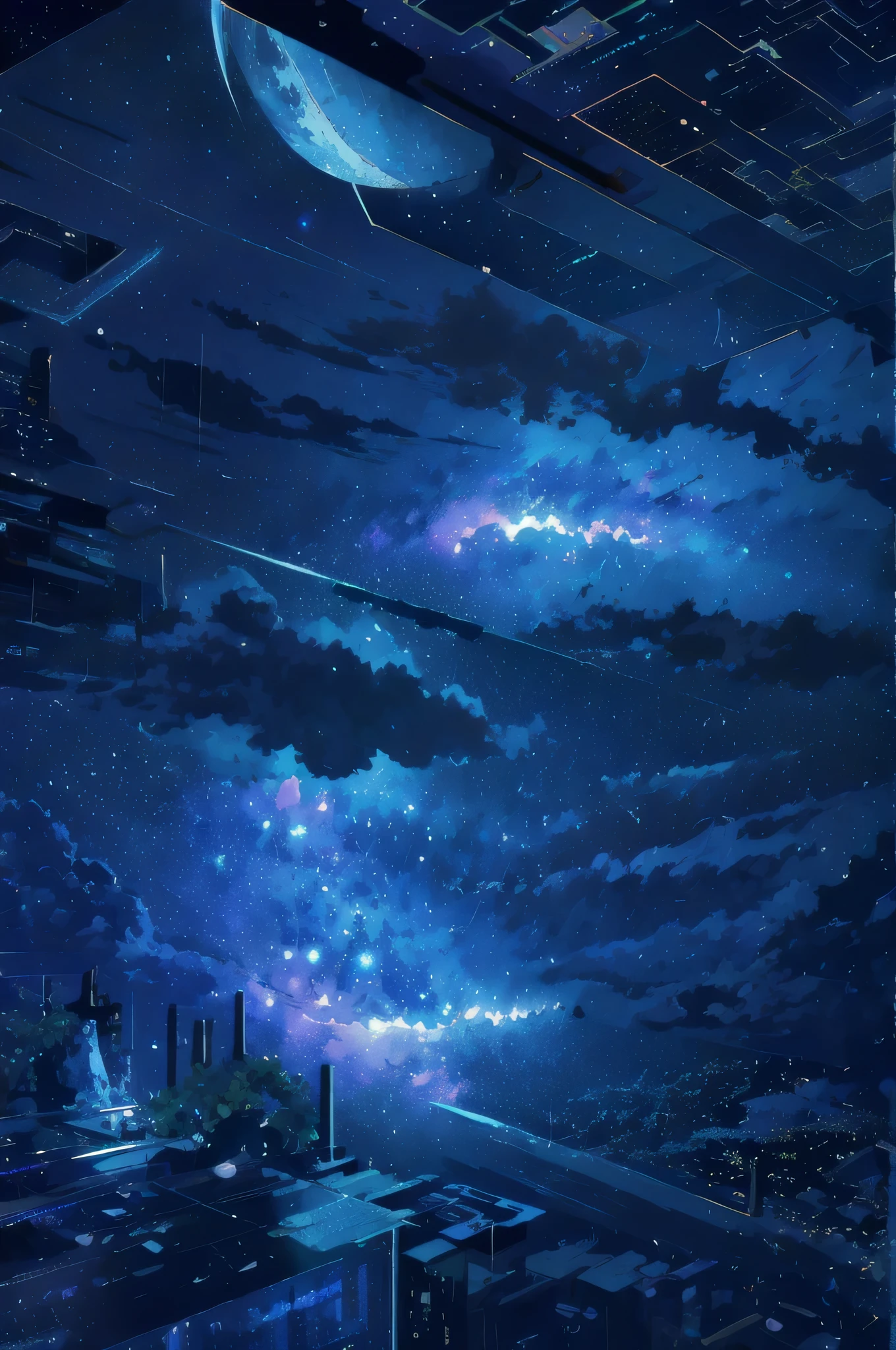 One girl,nightの街,rain, large room、look up、 night, moon, plant, star空、, star , night空、star座、dynamic、 scenery, moon、Ultra HD、Different dimension、cloud
