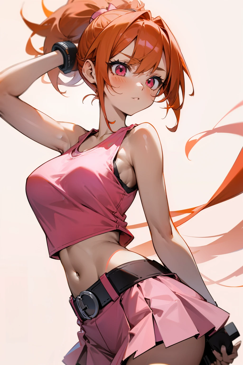 Cute girl, long ponytail orange hair, pink eyes, red hair tie, pink tank top, wide black belt, pink short skirt, big breasts