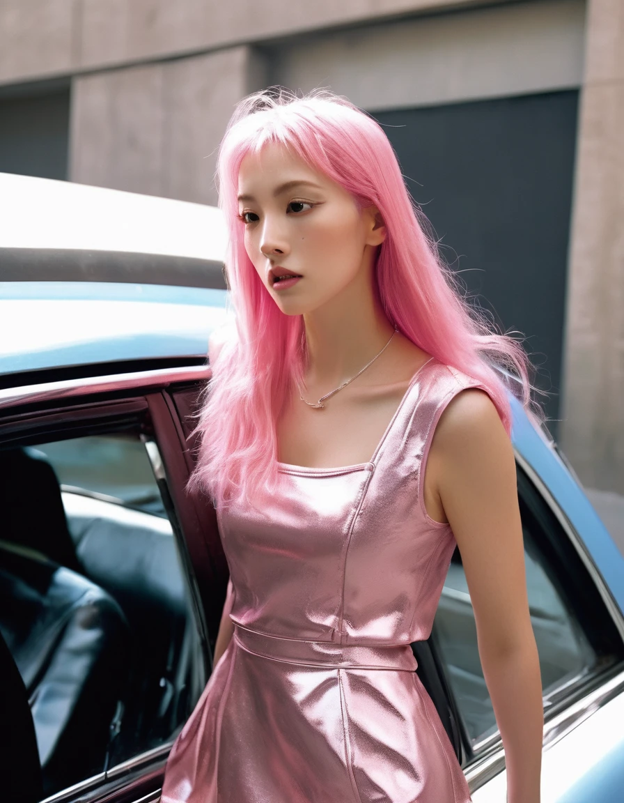 (best quality)1, (best detail)1, (specular highlights)1, (specular reflections)1, (wallpaper)1, cel-shaded poster style, a cool looking french woman with long pink hair, in a leather sticky mini dress stood against a wall in profile, in car's high-beams light, surprised expression, passionate expression, cocked top-hat, cheeky side-eye, deep decollate:1.4, facing the car-light, facing the camera,far away shot