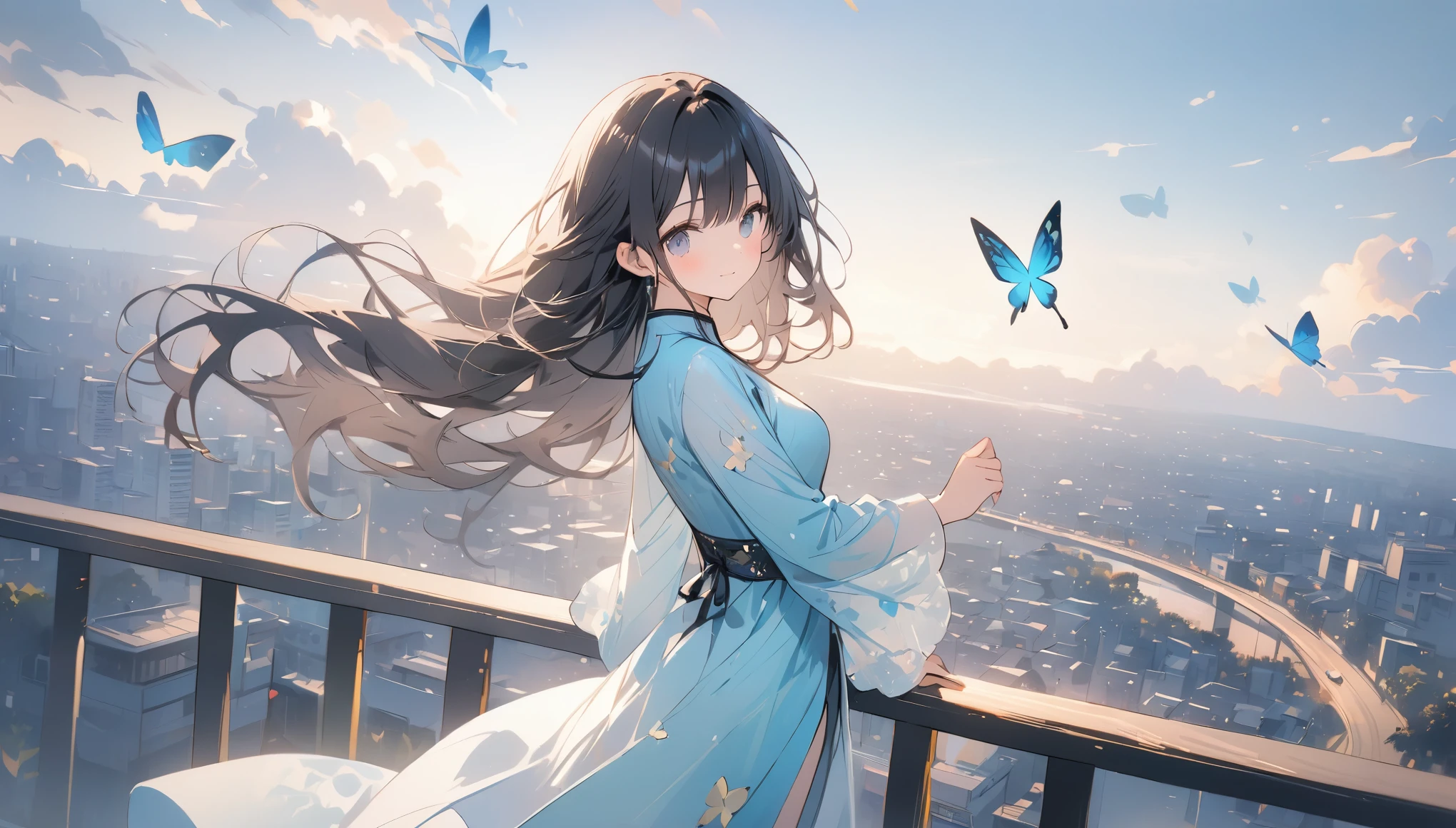 超High resolution, Attention to detail, high quality, High resolution, 最high quality, 4K, 8K, Awards、(ao dai)、Pale sky blue color、cute,Black Hair、Long Hair、Butterflies flying around、Vietnam cityscape background、wallpaper