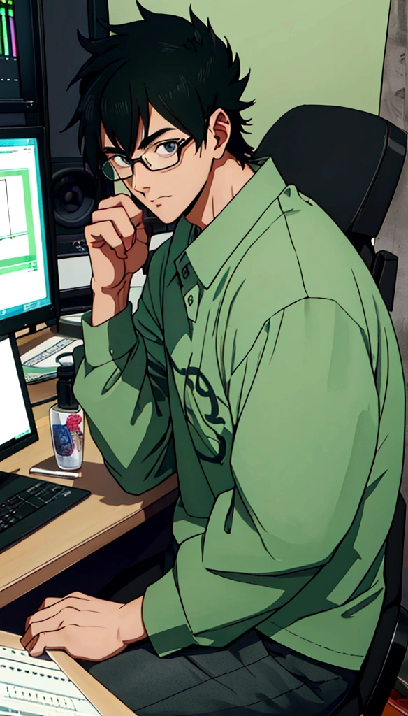 ((Highest quality)), ((masterpiece)), (detailed), Highest quality、High resolution、８K、Wearing a green shirt、One adult male、33 years old、Dark Eyes、Black Hair、Japanese anime-like style、超High resolutionかわいい萌えアニメ8k、handsome face manly、 Slender and muscular、Glasses、Sitting in front of a computer in a music studio room analyzing a DAW