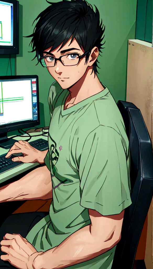 ((Highest quality)), ((masterpiece)), (detailed), Highest quality、High resolution、８K、Wearing a green shirt、One adult male、33 years old、Dark Eyes、Black Hair、Japanese anime-like style、超High resolutionかわいい萌えアニメ8k、handsome face manly、 Slender and muscular、Glasses、Sitting in front of a computer in a music studio room analyzing a DAW