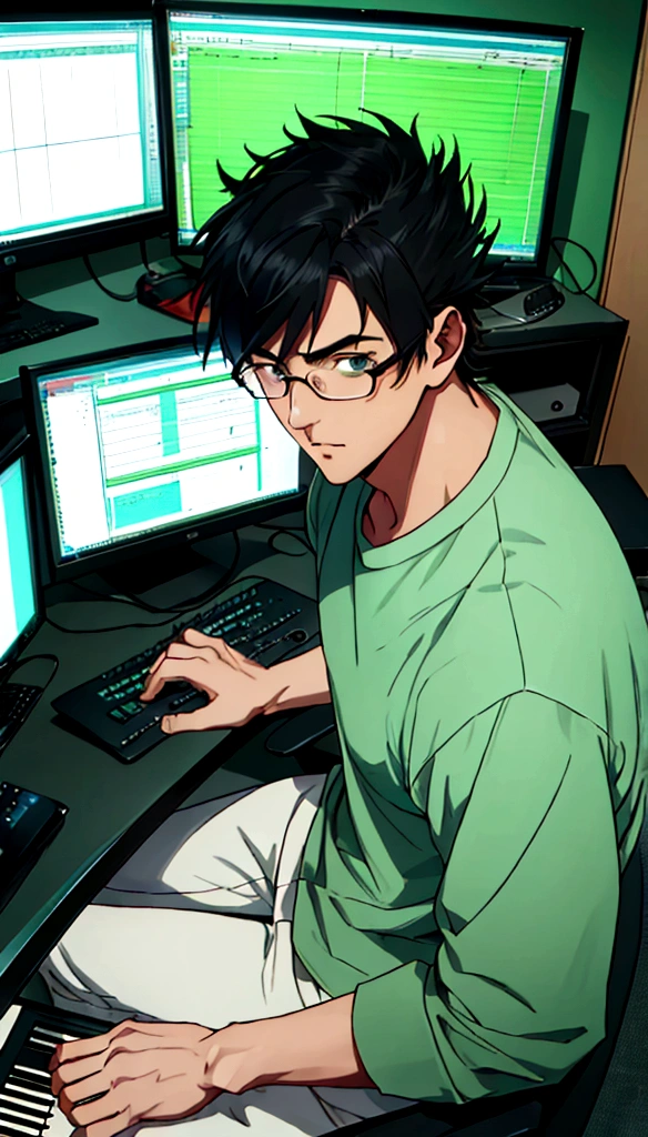 ((Highest quality)), ((masterpiece)), (detailed), Highest quality、High resolution、８K、Wearing a green shirt、One adult male、33 years old、Dark Eyes、Black Hair、Japanese anime-like style、超High resolutionかわいい萌えアニメ8k、handsome face manly、 Slender and muscular、Glasses、Sitting in front of a computer in a music studio room analyzing a DAW