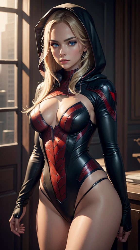 a young woman,sexy,detailed,beautiful blue eyes,stunning blonde hair,seductive spider man leather outfit,hood,full body focus,photorealistic,masterpiece,8k,ultra-detailed,hyperrealistic,chiaroscuro lighting,cinematic,dramatic lighting,warm color palette,captivating gaze