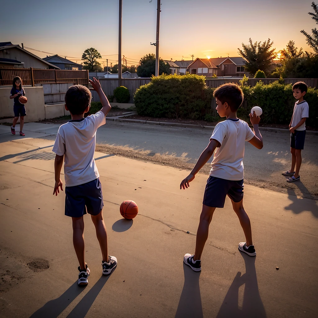 children playing ball in the yard at sunset