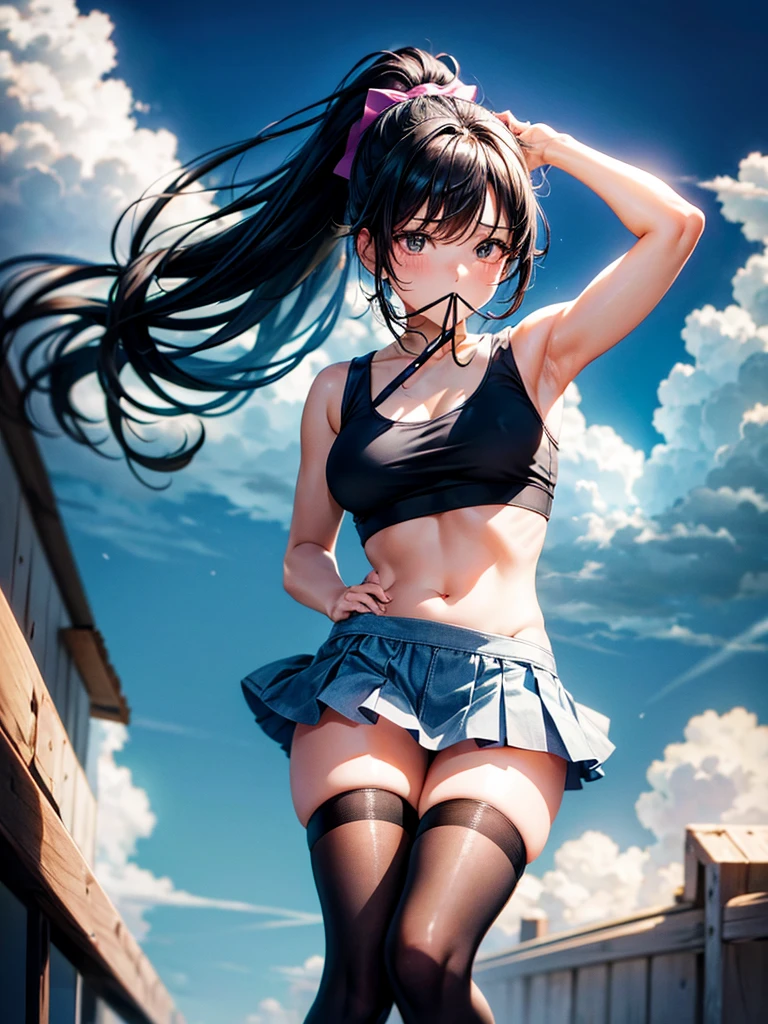 Highest Resolution,Highest quality,１Beautiful girl of the person,mini skirt,Knee-high stockings,Black hair ponytail,Tank top,Hold a hair tie in your mouth,Place your hands behind your head.,
