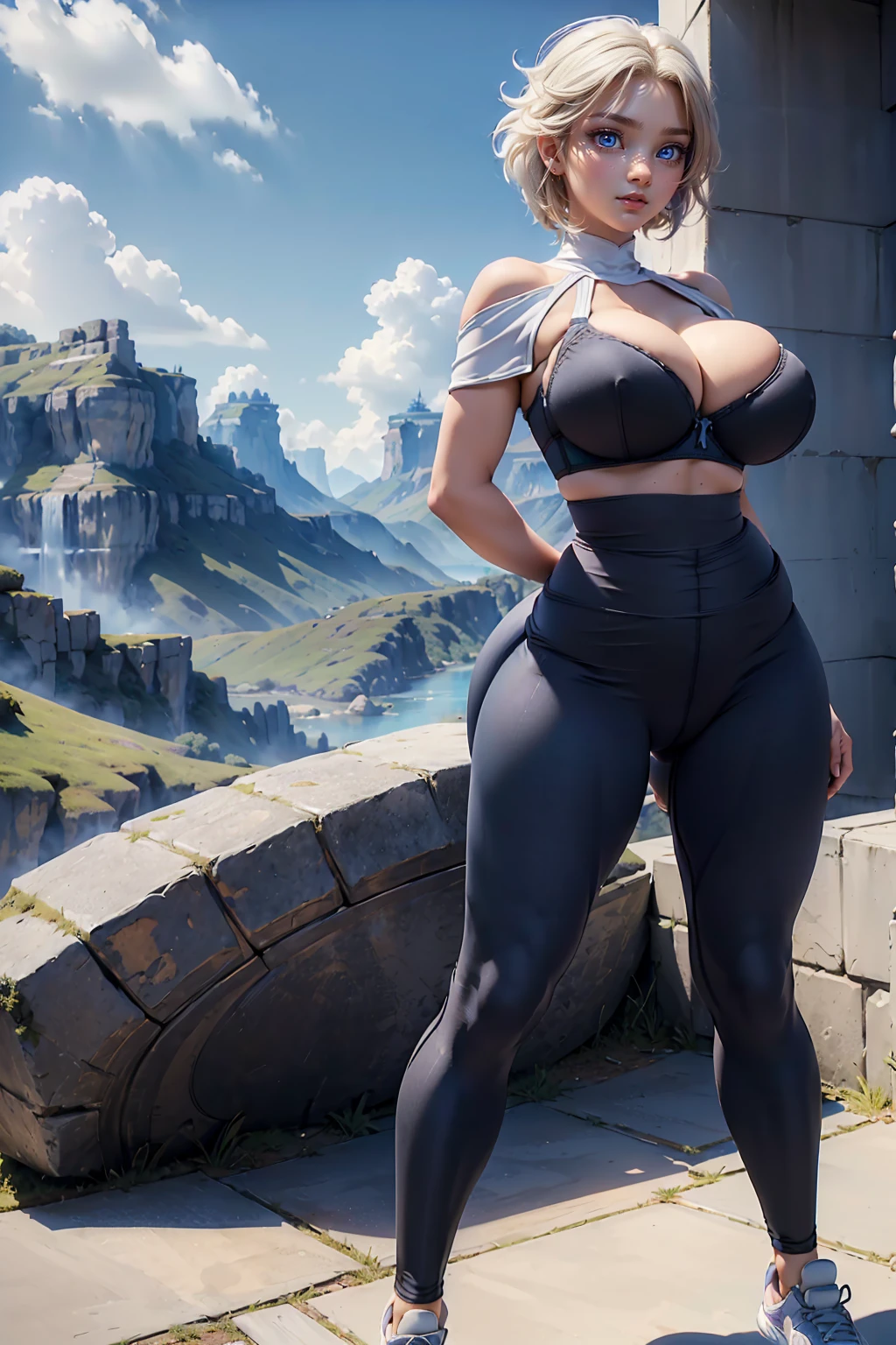 Elsa ,Frozen,white heir,(masterpiece:1.2), (best quality), (ultra detailed), (((full body))) , (8k, 4k, intricate),(cowboy:1.2),(highly detailed:1.2),(detailed face:1.2), (detailed background),(portrait),detailed landscape,(dynamic pose:1.2),hana 1girl, solo, breasts, short hair, holding,cleavage, bare shoulders, collarbone, full body, outdoors, sky, day, cloud, bag, handbag, (((full body))) , (((sexy pose, model pose, standing pose)))((Huge hips:1.5)) (Gigantic Sagging Breasts:1.5)((undersized bra:1.3) black leggings sport,ass focus,(tightleggings sport:1.6)