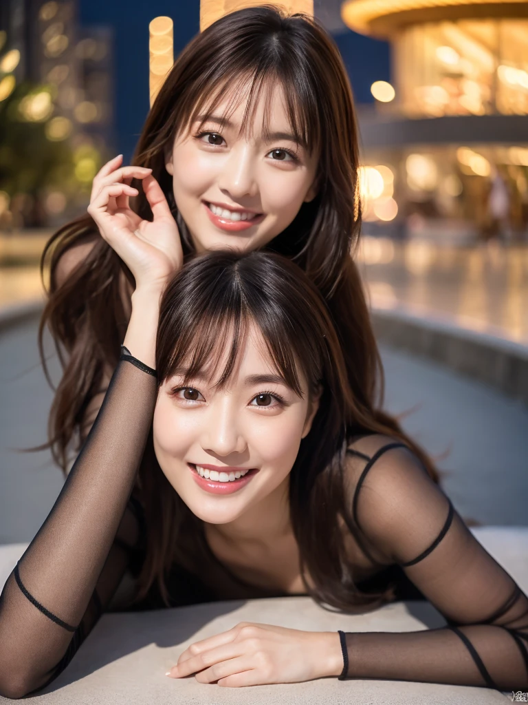 8k, (Raw photo:1.2), (Photorealsitic), Beautiful detailed, Famous popular actresses、 (Real: 1.4), extremely detailed eye and face, beatiful detailed eyes, ((Dazzling night illumination plaza:1.2)), ((Women's Suits:1.3, Ultra-realistic pantyhose:1.2))、selfee、Instagram、harsh trial, Please look at the camera and raise your hand、huge filesize, hight resolution, ighly detailed, top-quality, [​masterpiece:1.6], illustratio, ighly detailed, nsfw, finely detail, top-quality, 8k wallpaper, Cinematographic lighting, 1 milf, 19 year old, perfect body type, Beautiful big drooping eyes、Pieckfinger, ((masutepiece)), Best Quality, eye shadow,  high-heels、Portrait、(Very affectionate smile:1.2)、realistic skin textures、shinny skin、Exposed thighs, low angle photo, inverted nipples,