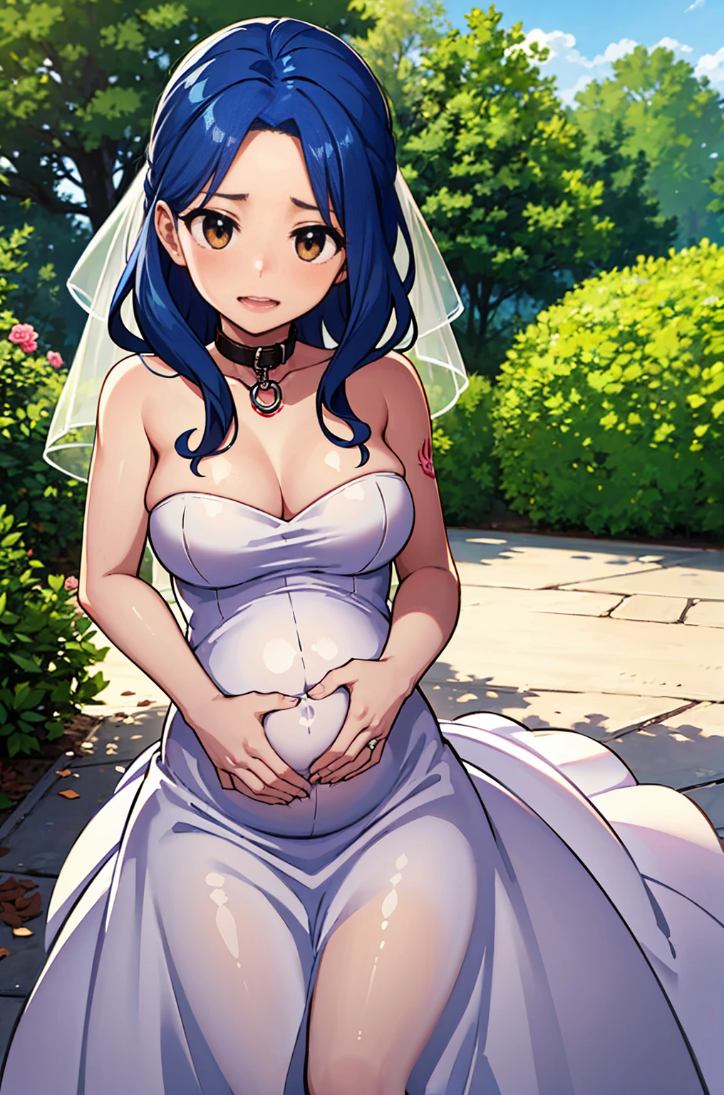 1girl, Levy mcgarden, blue hair,orange eyes, wedding dress, Naughty tattoo on the belly, pregnancy, shy, shilyface, wearing a dog collar 