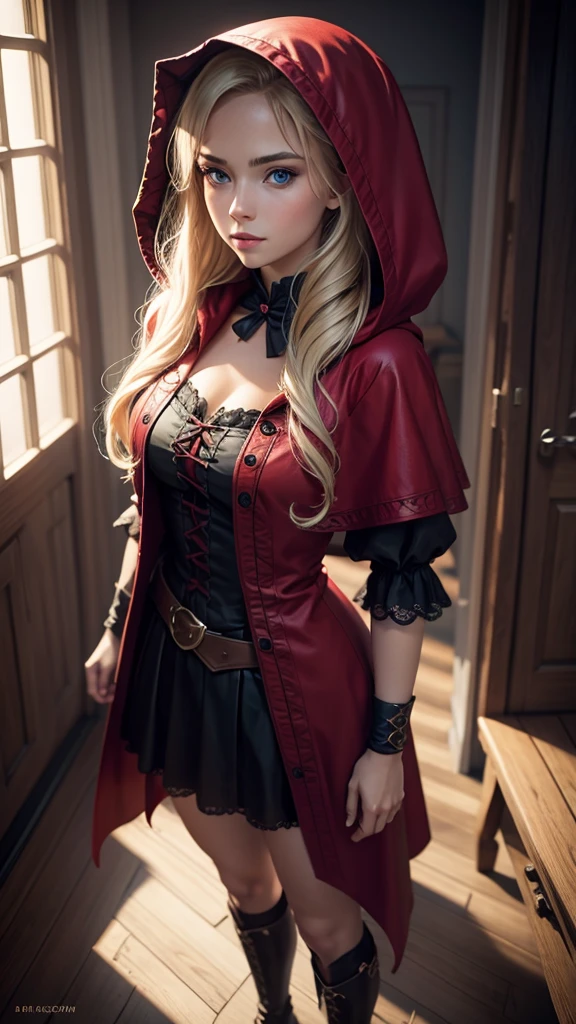 a young woman,sexy,detailed,beautiful blue eyes,stunning blonde hair,seductive little red riding hood outfit,hood,((full body focus)),photorealistic,masterpiece,8k,ultra-detailed,hyperrealistic,chiaroscuro lighting,cinematic,dramatic lighting,warm color palette,captivating gaze