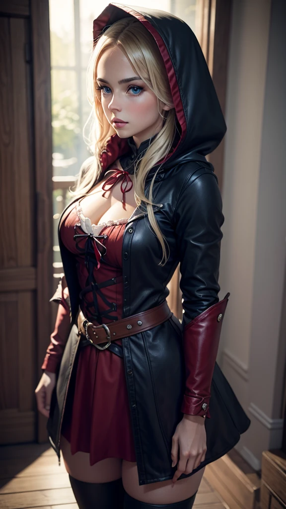 a young woman,sexy,detailed,beautiful blue eyes,stunning blonde hair,seductive little red riding hood outfit,hood,((full body focus)),photorealistic,masterpiece,8k,ultra-detailed,hyperrealistic,chiaroscuro lighting,cinematic,dramatic lighting,warm color palette,captivating gaze