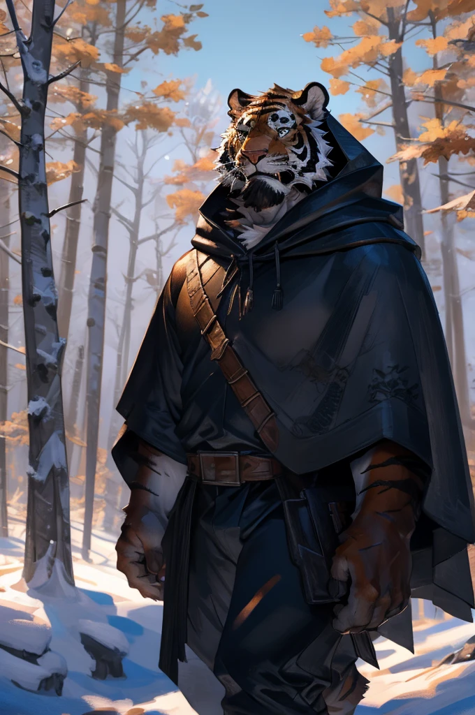 By Taran fiddler, solo, male, orange tiger man, dressed in a cloak and satchel, muscular, older male, wearing hood, cloak hiding face, eyes hidden by cloak hood, beard, walking towards viewer, smaller silhouette behind the tiger, forest background, snowy, establishing camera shot, character is far in the background, zoomed out, dynamic angles, dynamic posing.