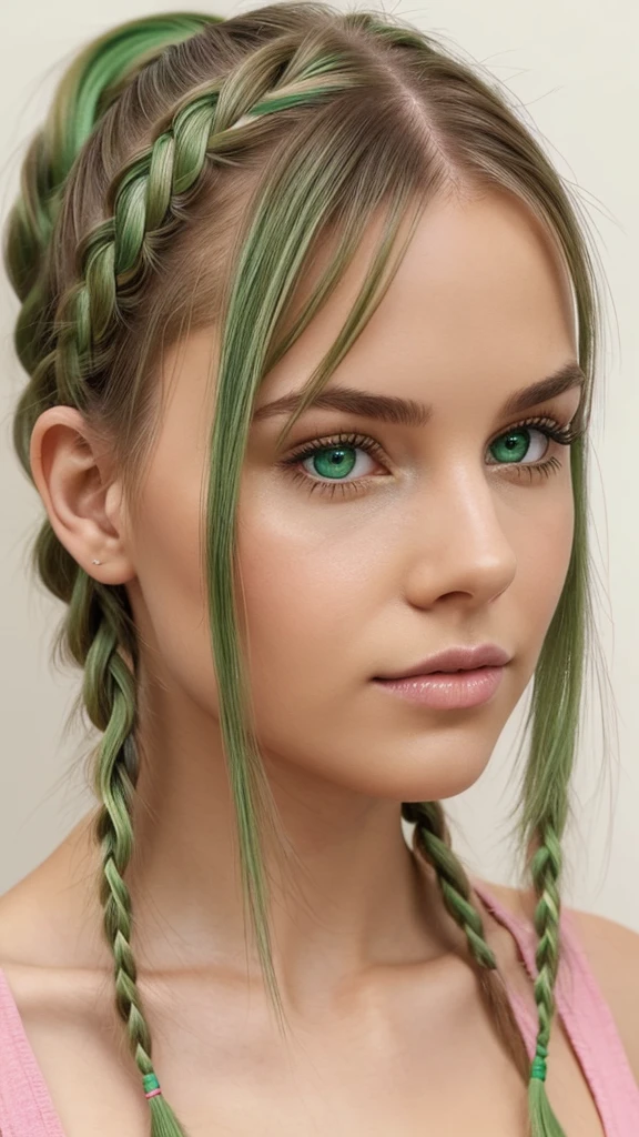 portrait, photorealistic, realistic, girl, beautiful green eyes, clear skin, soft makeup, long streaked green/pink hair, ponytail, braids, bangs, realistic soft skin, tight body.