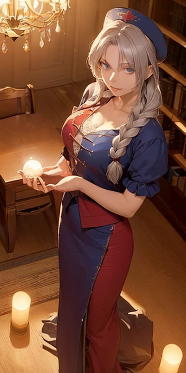 (masterpiece, best quality:1.3), (face focus:1.3), Yagokoro Eirin, Touhou Series, perfect face, expressive eyes, 1woman, looking at viewer, 38 years old, gorgeous body, big breast, beautiful, anime, lora,1woman, silver hair, braid hair, nurse cap, red and blue clothes, long skirt, (evil look, looking down on viewer:1.5), (cinematic lighting, realistic, dream-like, enchanting atmosphere:1.5), (photo of a woman in her dark and mysterious environment:1.3), (the woman surrounded by an aura of mystery and intrigue:1.3), (in the middle of a massive modern library in the style of Tianjin Library:1.3), (candles flickering, casting dancing shadows around the room:1.3), (the dim lighting adding to the ambiance of secrecy and mysticism:1.3), (a crystal ball nearby, adding to the mystical setting:1.3), (symbols of astrology and esoteric knowledge decorating the room:1.3), (a hint of incense in the air, adding to the sensory experience:1.3),