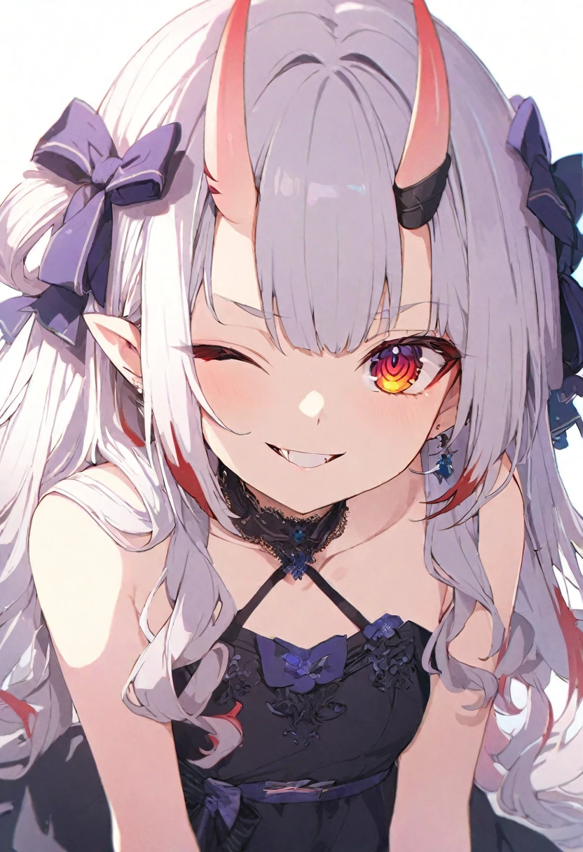 (muste piece), (best quality), very detailed eyes, expressive eyes, perfect face, very detailed face, highly detailed face, beautiful girl, 8K, beautiful girl, white background, delicate and beautiful face and eyes, dark intense shadow,
1 girl, vtuber style, cool girl, hololive, Nakiri Ayame, oni horns,see-through:evening dress, small chest, cropped shoulders, clavicle, one eye close winking, smile, (full body), sitting,