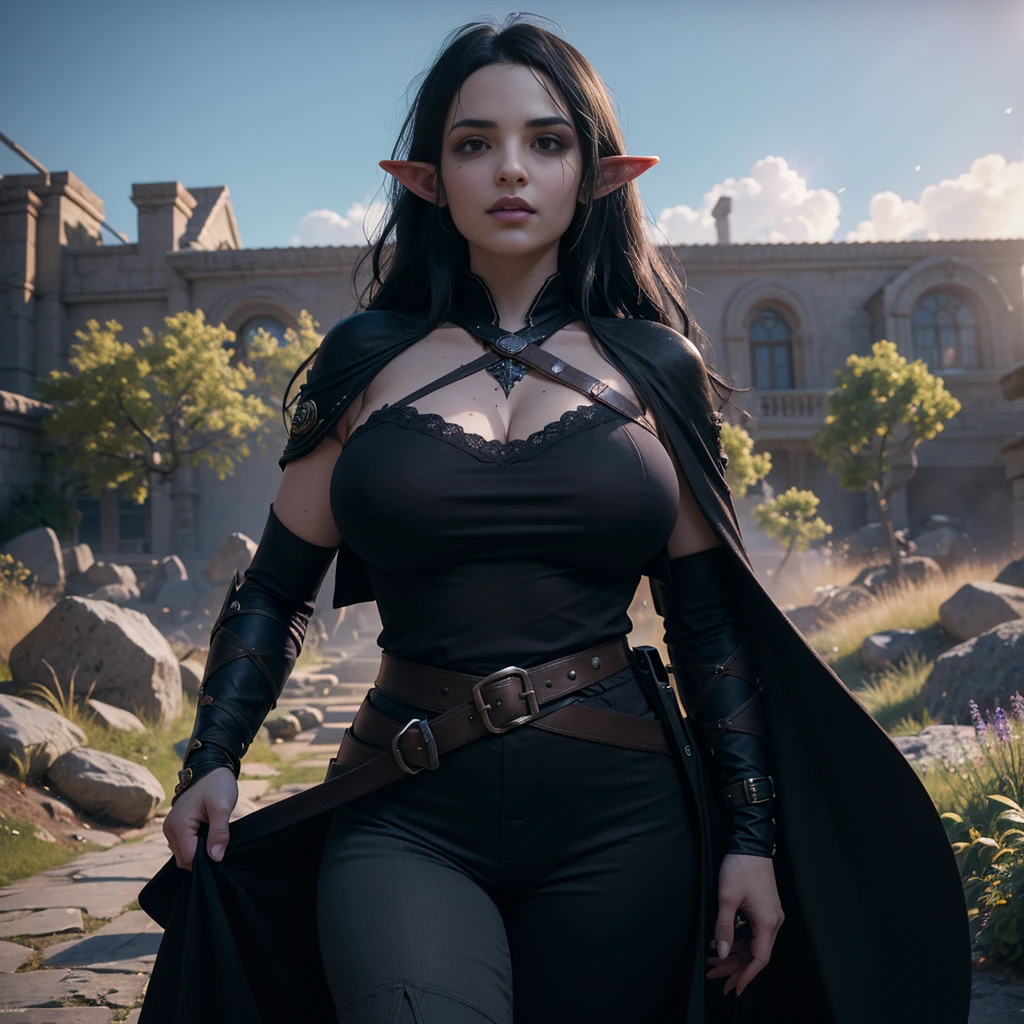 ((Best quality)), ((masterpiece)), (detailed: 1.4), 3D, (half-elf sorceress), (black hair, purple eyes:1.5, pale brown skin), (black robe, purple sleeves, grey pants, black boots and black armbands), (huge tits, big booty, short, curvy), (heavy gothic makeup), HDR (High Dynamic Range),Ray Tracing,NVIDIA RTX,Super-Resolution,Unreal 5,Subsurface dispersion, PBR texture, Post-processing, Anisotropic filtering, Depth of field, Maximum clarity and sharpness, Multilayer textures, Albedo and specular maps, Surface shading, Accurate simulation of light-material interaction, Perfect proportions, Octane Render, Two-tone lighting,Wide aperture,Low ISO,White balance,Rule of thirds,8K RAW,