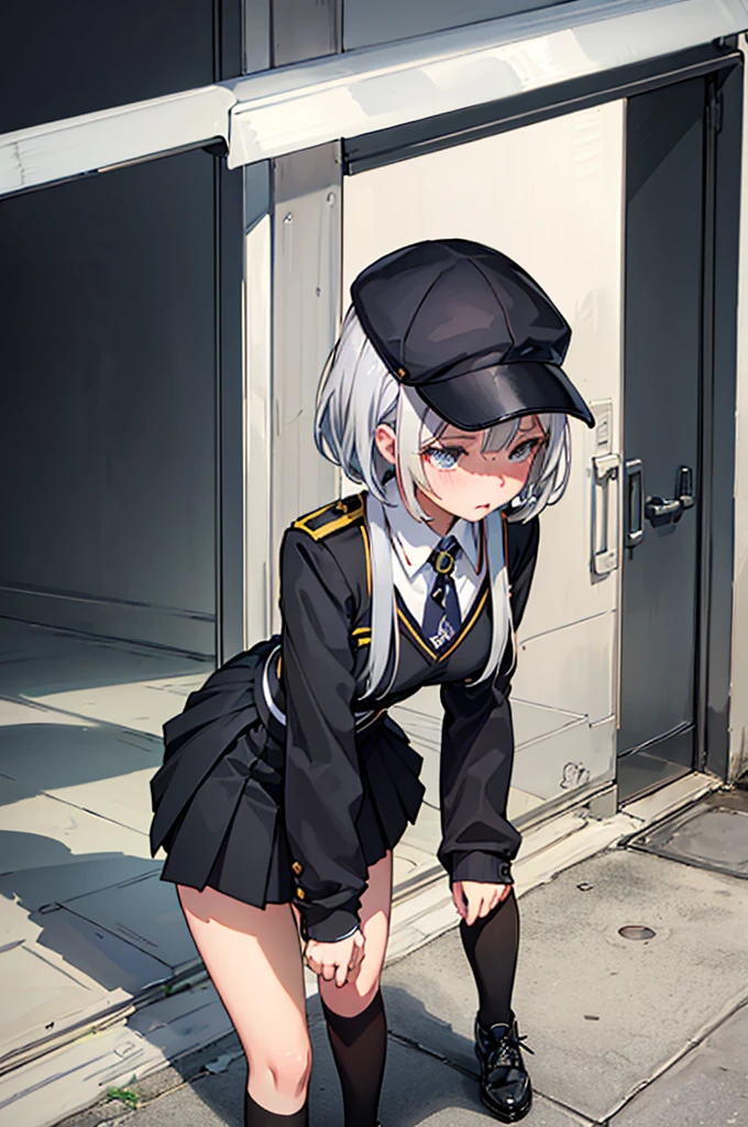 Silver Hair、Bob Hair (((12 years old)))(High quality eyes) ,(Turn around) Big Breasts (((solo))),  Embarrassed,  blush, Black Uniform、I'm pulling up my skirt (((A girl farts)))Standing with legs together
、(Holding on)((Her butt is facing me))(Loli face)