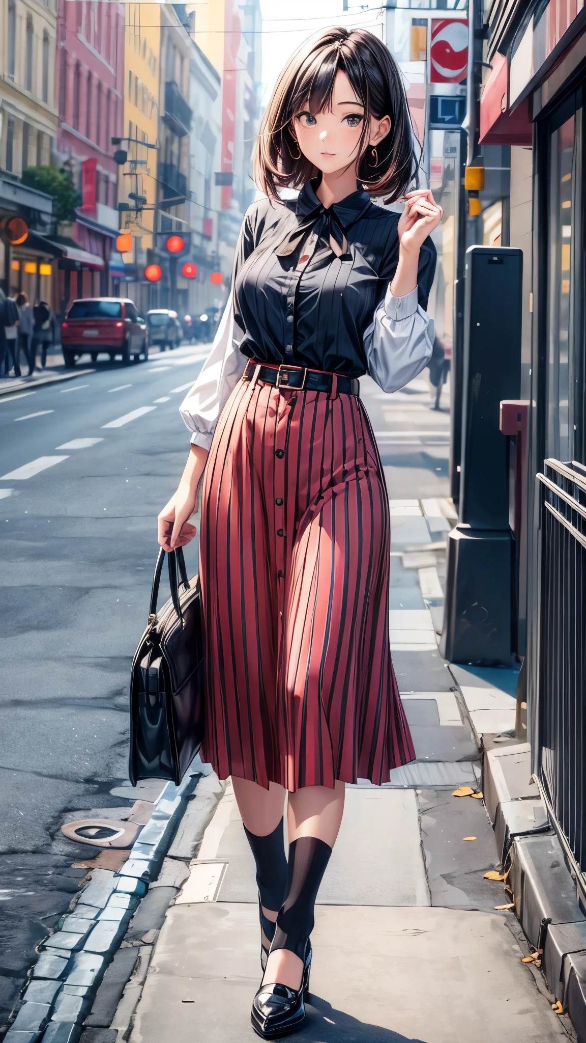 One 30 years old woman,office casual style,blouse,belt,maximum length skirt,((pamps)),shoulder bag.