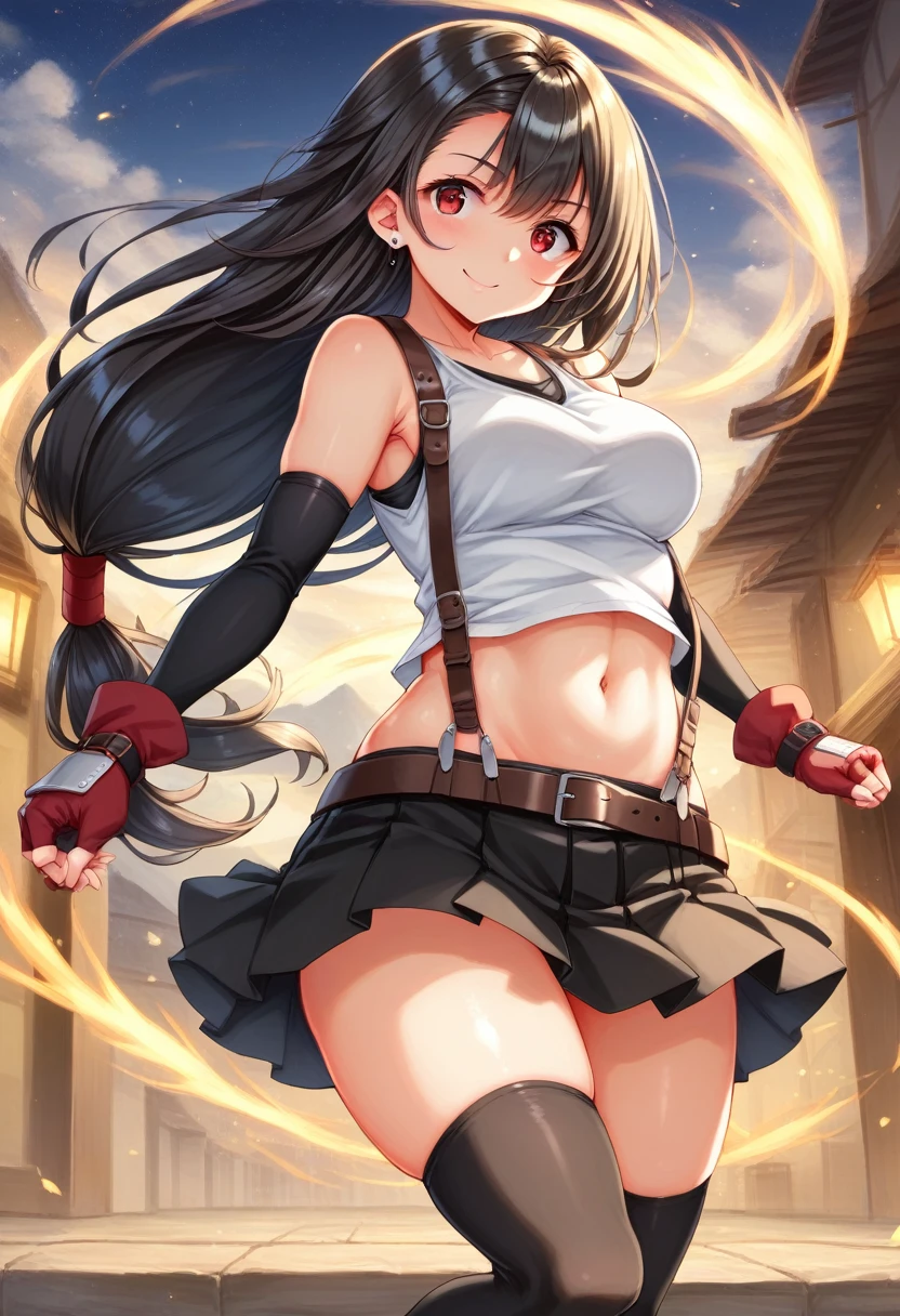 (score_9,score_8_up,score_7_up,score_6_up,score_5_up,score_4_up), BREAK ,from side,(dynamicangle,dynamicpose),(trying to hit at viewer:1.3),,upperbody,looking_at_viewer ,1girl, tifa lockhart, final fantasy, tareme,black hair, low-tied long hair, red eyes,wide-eyed, bangs, (white tank top, belt, pleated skirt, thighhighs, elbow fingerless gloves, elbow pads, midriff, navel,suspender skirt) ,large_breasts,(light smile),,,Solo,,(daytime and outdoor and mountain),hyper detailed,beautiful,great lighting,  perfect hands, detailed shadows,anime artwork, anime style, key visual, vibrant, studio anime,HDR,highly detailed,anime coloring, masterpiece, best quality,best aestethic, absurdres,,professional lighting,cinematic lighting,rule of odds