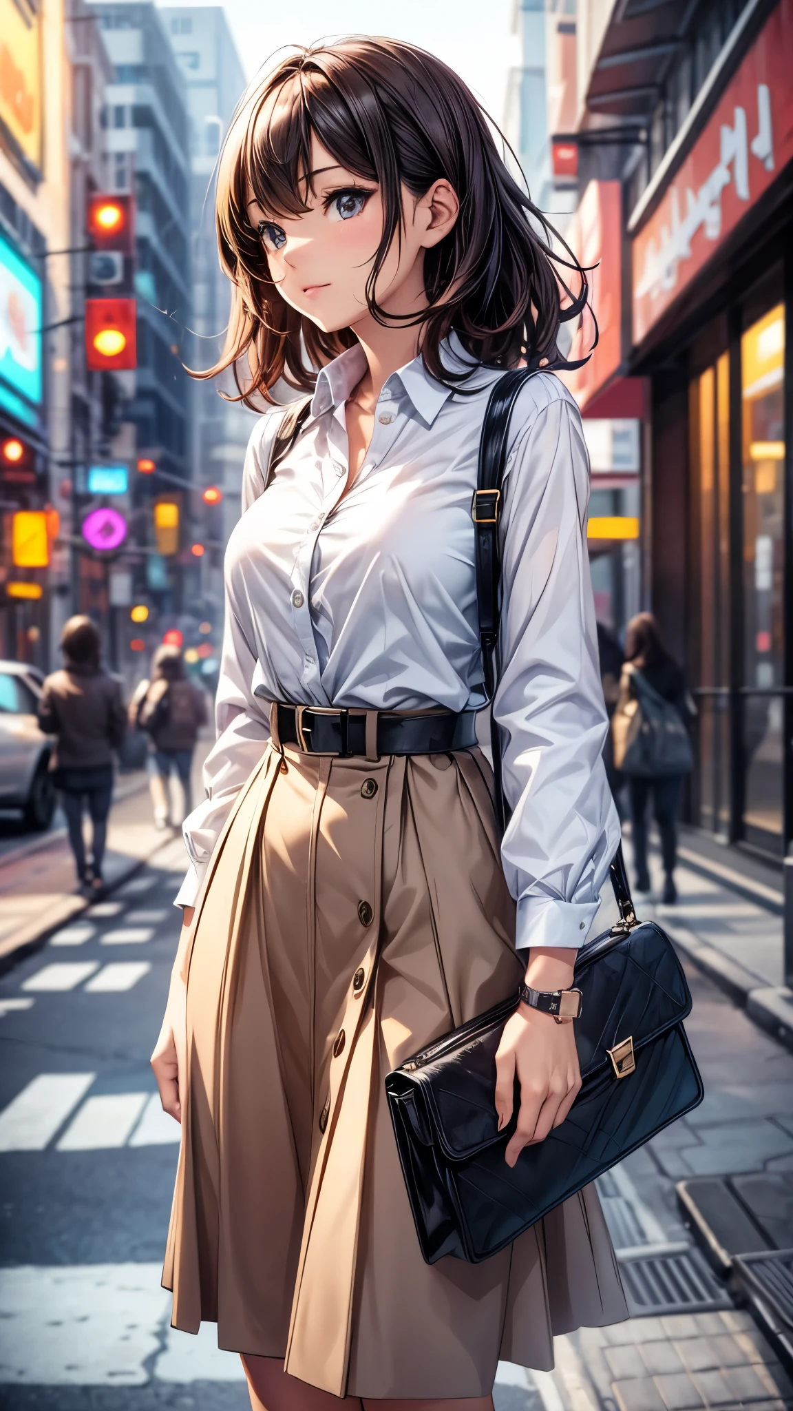 One 30 years old woman,office casual style,blouse,belt,maximum length skirt,((pamps)),shoulder bag.