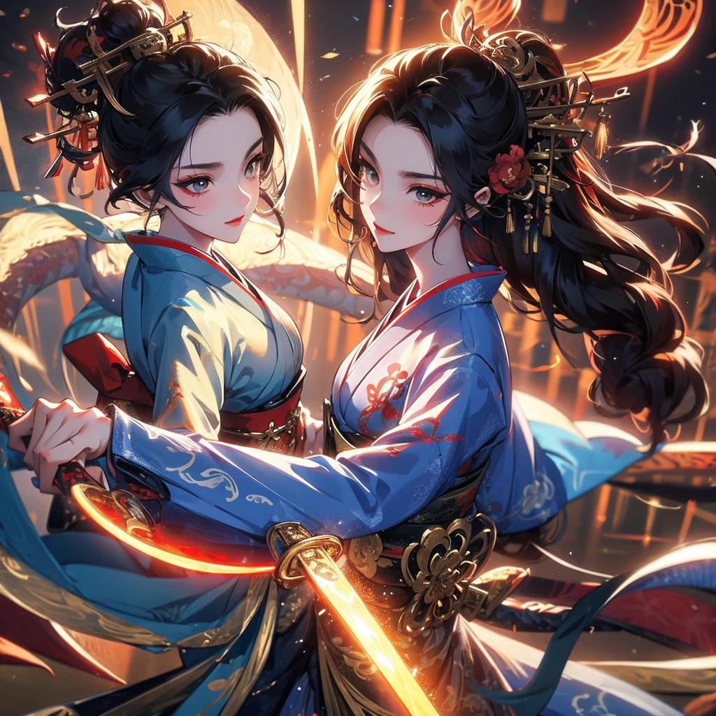 beautiful geisha, sword, dragon, dance
