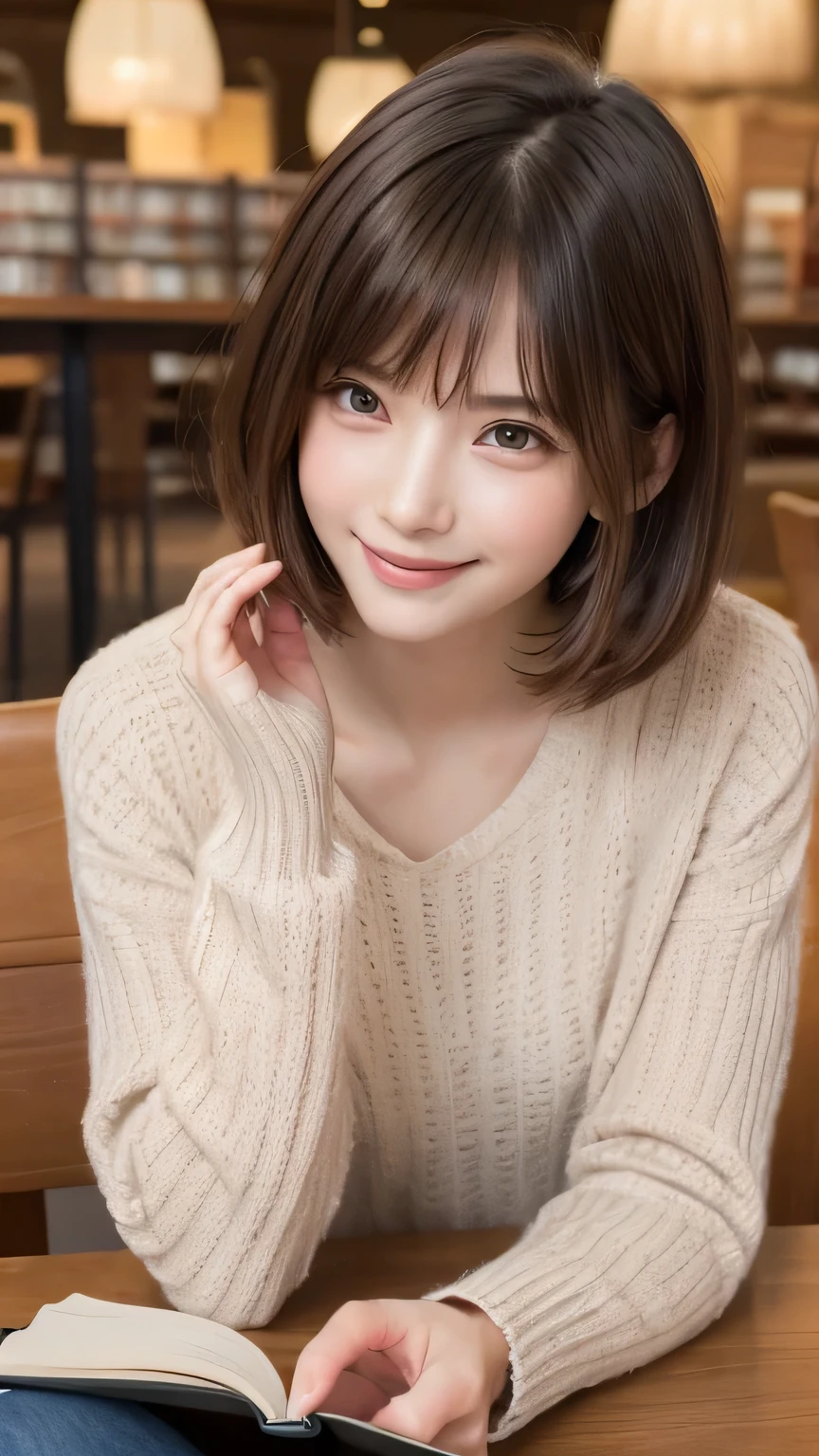 closeup shot , Best picture quality (8K, high resolution, Masterpiece: 1.2), super detailed, 215 Short Hair, 16-year-old woman,
situation: Reading a book in a library or cafe。
clothing: Casual sweater and denim、sneakers。
angle:
Close-up: Hands turning the pages of a book、A detailed shot of him reading a book with a serious expression。
Detailed depiction: The quiet atmosphere of a library or the warm lighting of a cafe as a backdrop、Emphasise concentration。
Emotional moment: The expression of someone engrossed in the book they are reading,、Capture the smile when you get to the interesting part。
, Close-up of face
, random cute pose ,big eyes ,Puffy eyes , Heart Pupil, blush , huge shy smile , salute
