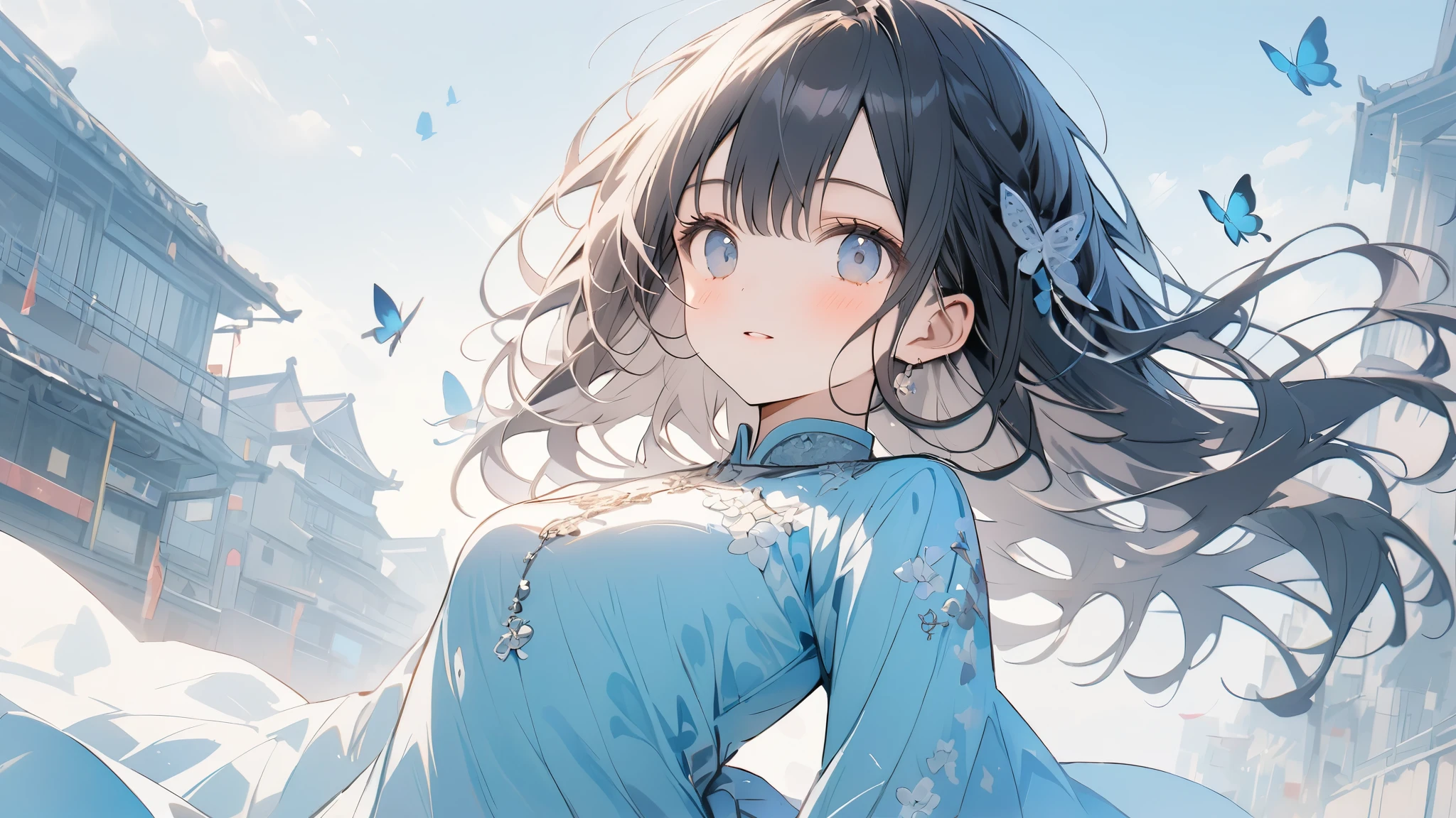 超High resolution, Attention to detail, high quality, High resolution, 最high quality, 4K, 8K, Awards、(ao dai)、(Nón Lá)、Pale sky blue color、cute,Black Hair、Long Hair、Butterflies flying around、Vietnam cityscape background、wallpaper