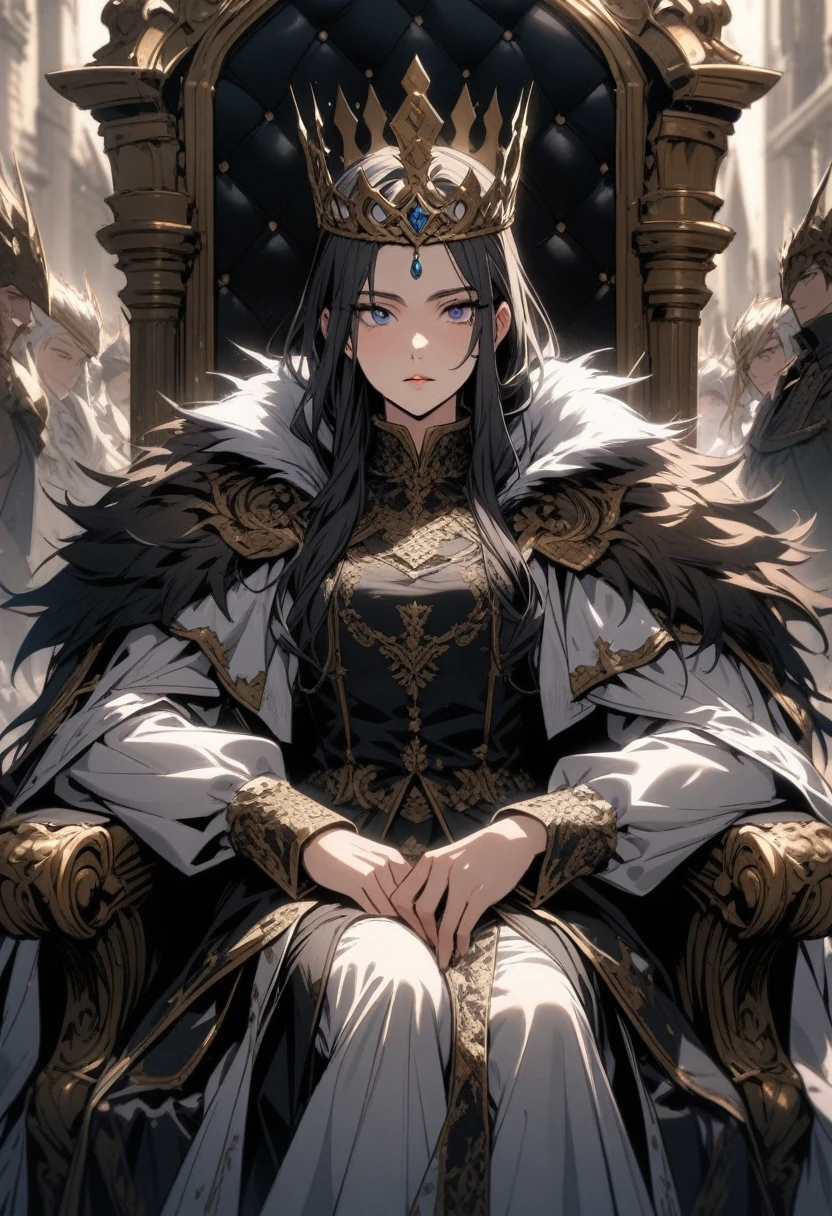 A magnificent king sitting on the throne, European,detailed face,25years old,woman