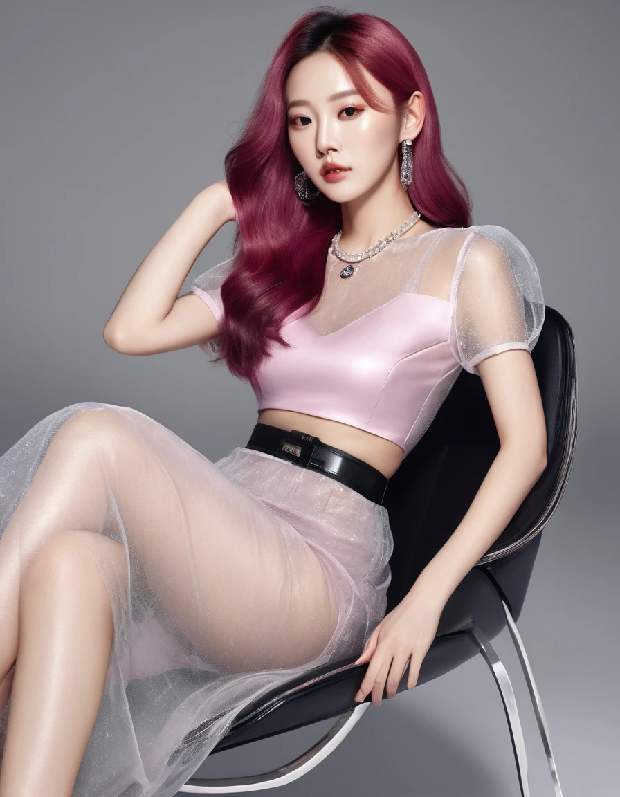 Sitting in a chair in a black dress，with black heels, a Korean female fashion model with long pink hair， Transparent stylish long skirt， mesh shirt，Chrome clothes，Shiny silver， Fortunately for my appearance， Bigchest，best qualtiy， masterpiece， Ultra-high resolution， realistic lying，
