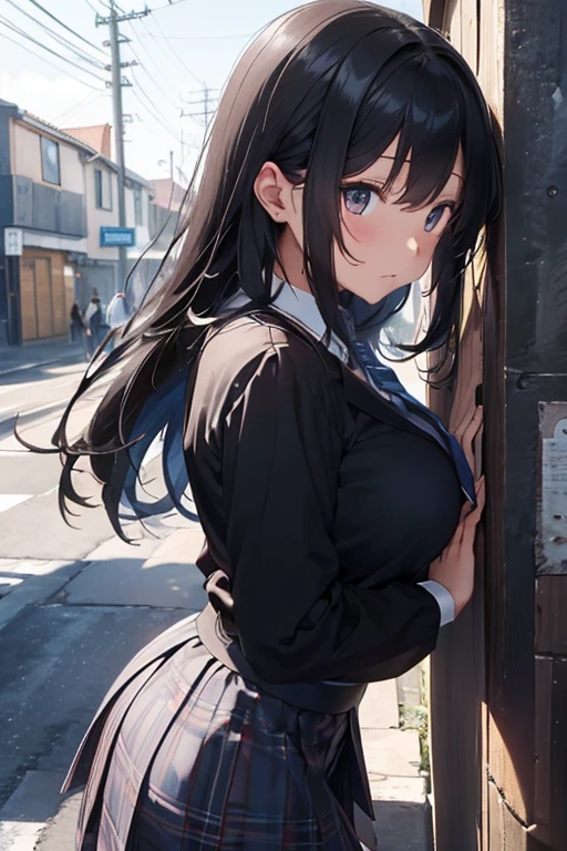 background: Midnight Express Station, (Highest quality, The best quality at its best), (1 mature male, kiss),Left wall, opposite sex, 1 female, hug, Mid-breasted,From the side From the side, Cowboy gets shot, Break Break Break, Girls Vs., Wearing a suit , (Black suit:1.1), White collar blouse, Blue tie, Tartan Check Skirt, Long black hair,colored inside,color:1.25),close your eyes, (dream-like,Adorable expression:1.3).、Big Breasts