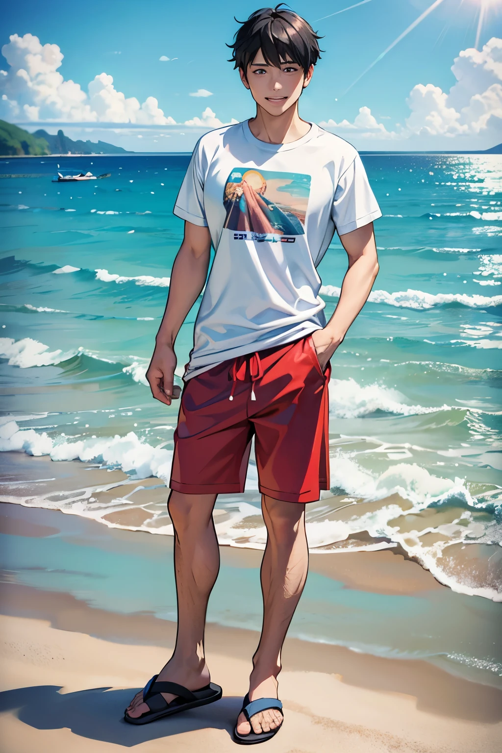 whole body,Anime Style, Ocean, With both eyes open, Shut your mouth., smile, masterpiece, 4K, Good anatomy, highlight, whole body, One Man, front,Upright posture,flip flops,T-Shirts,Black Hair,50 years old,middle aged