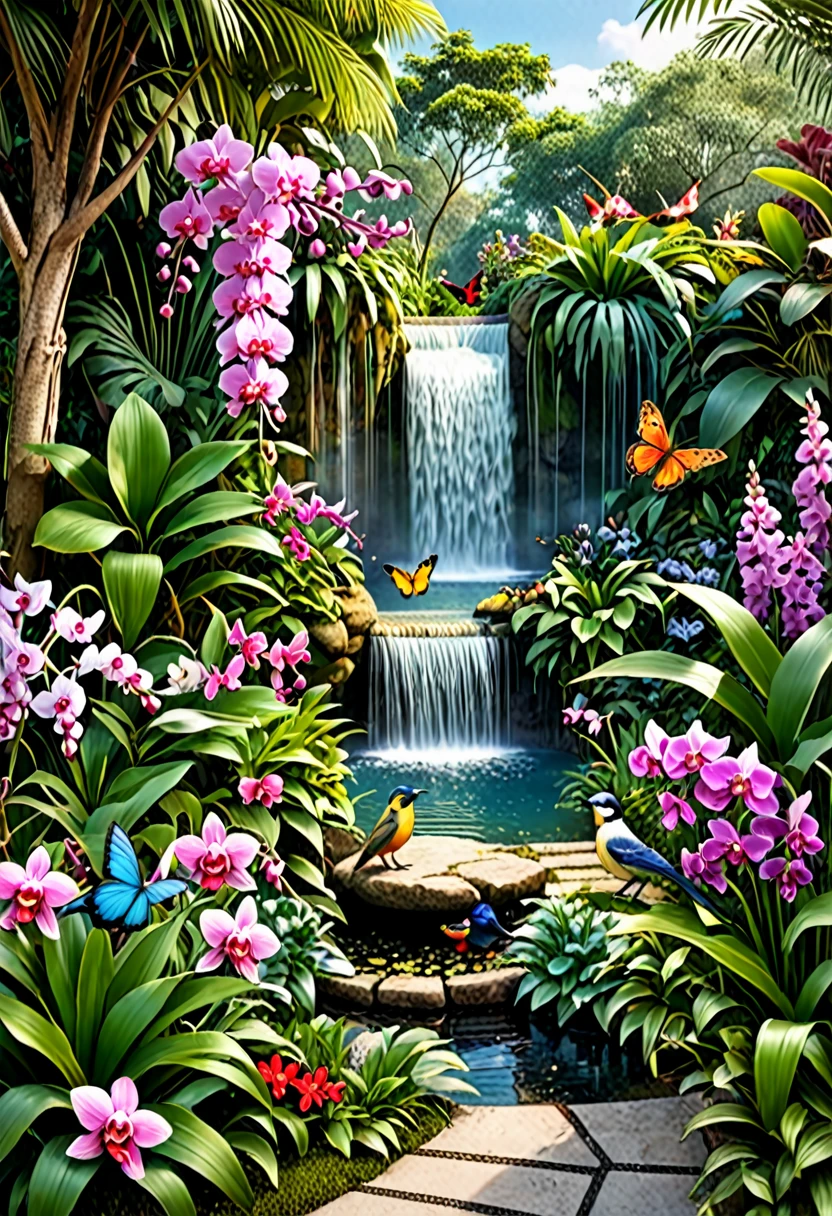 A very beautiful garden,With beautiful flowers and birds,a waterfall next door and butterflies, Orchids and flowers,photo realist,high qualiy,8K